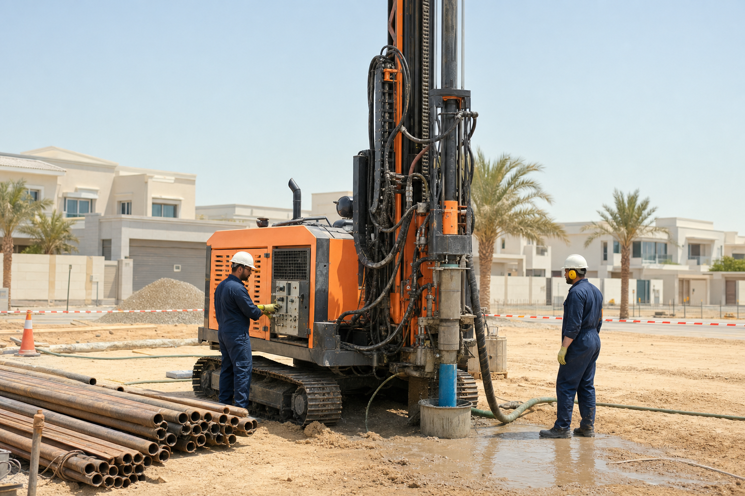 Borehole drilling rig operating at a residential project in the UAE