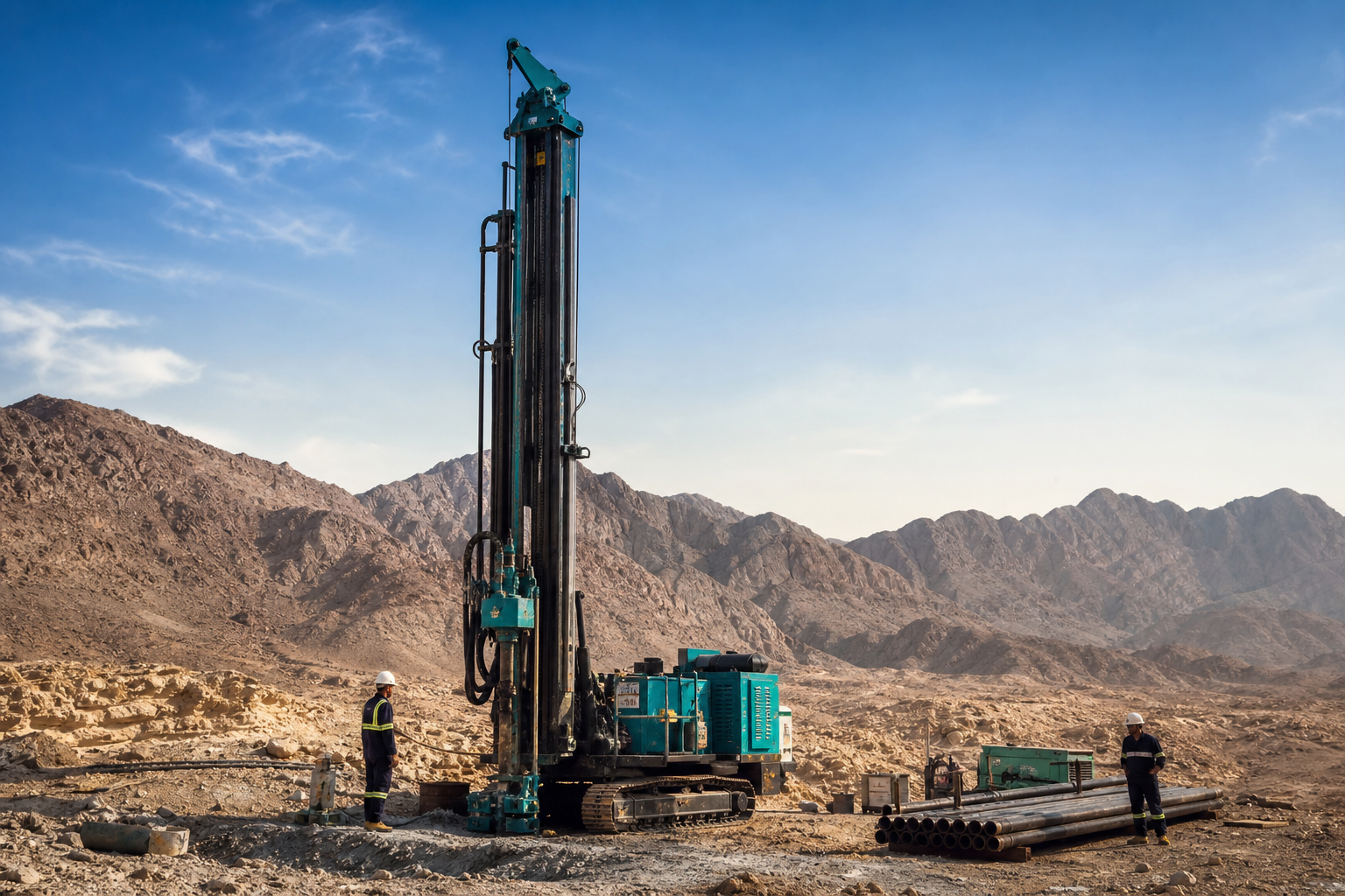 Deep-water well drilling rig working in the UAE mountain desert