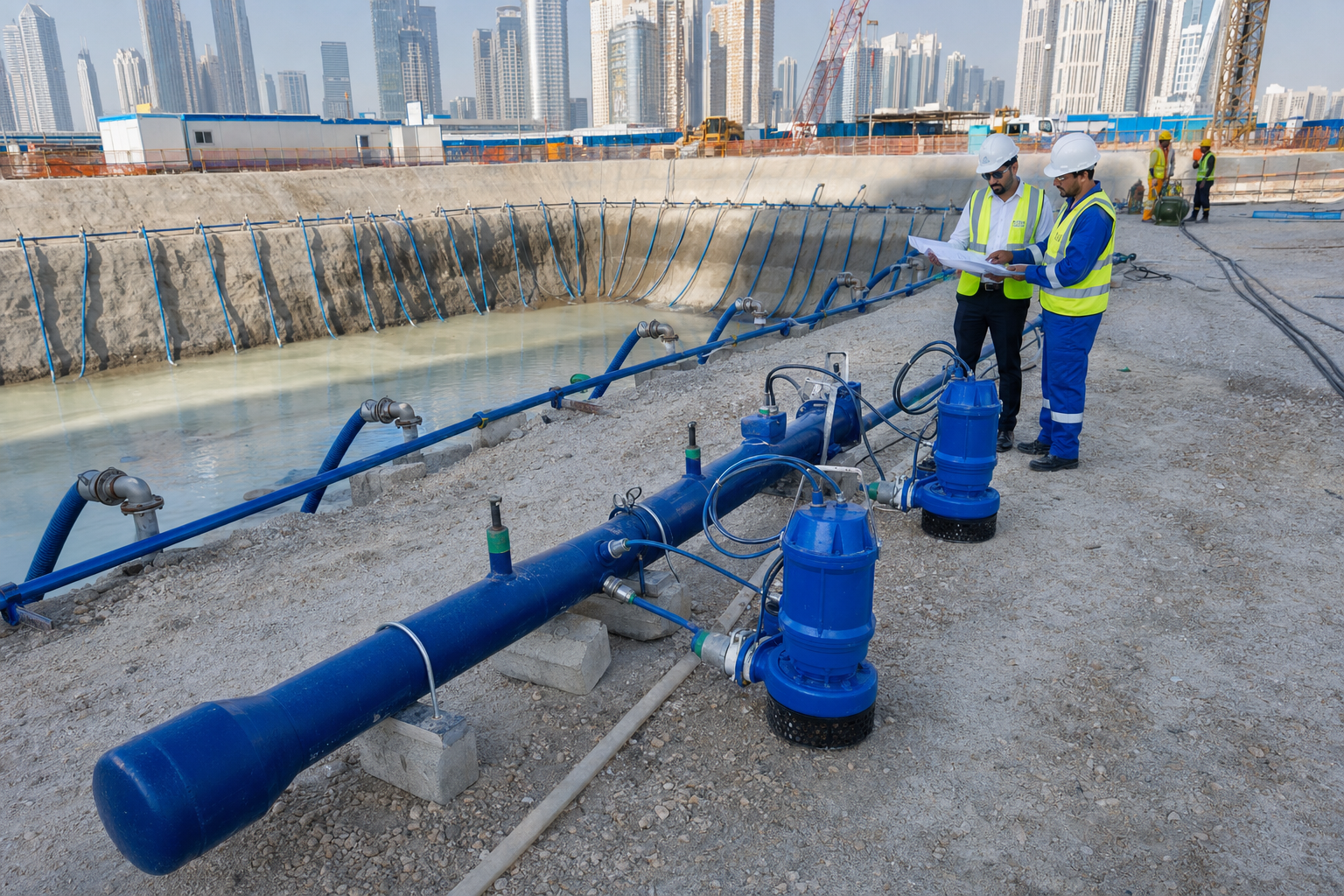 Construction dewatering pumps and pipework at a UAE excavation