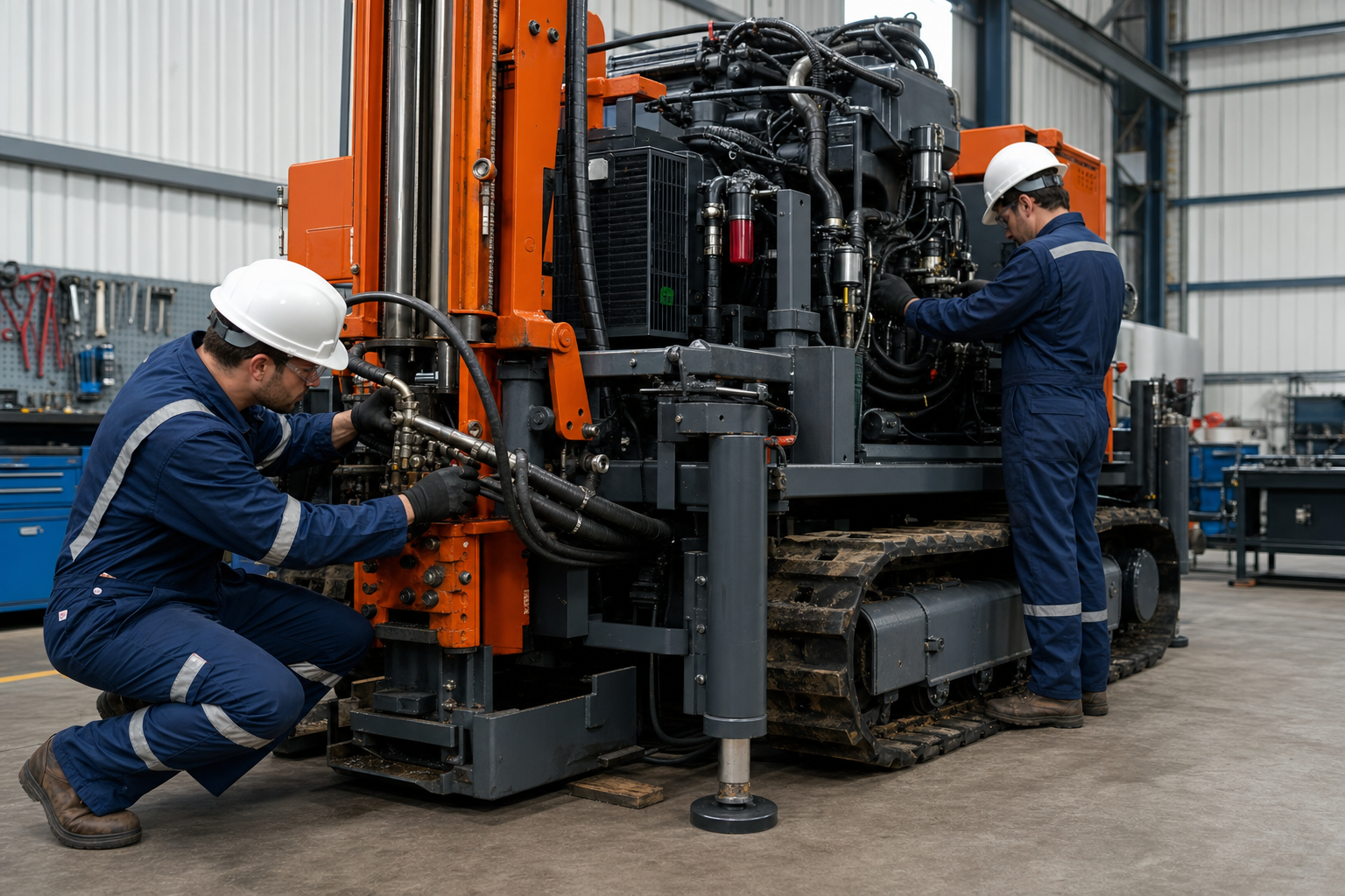 Technicians performing scheduled maintenance on a drilling rig