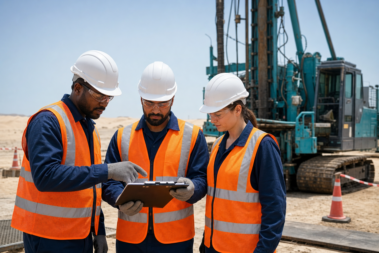 Drilling crew conducting a safety briefing in full protective equipment