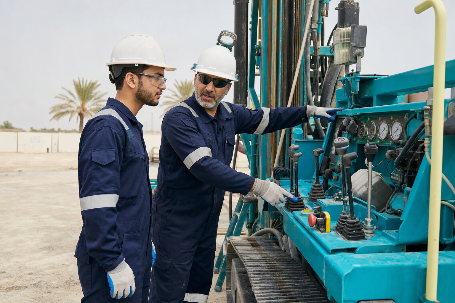 Instructor training an operator on water well drilling rig controls