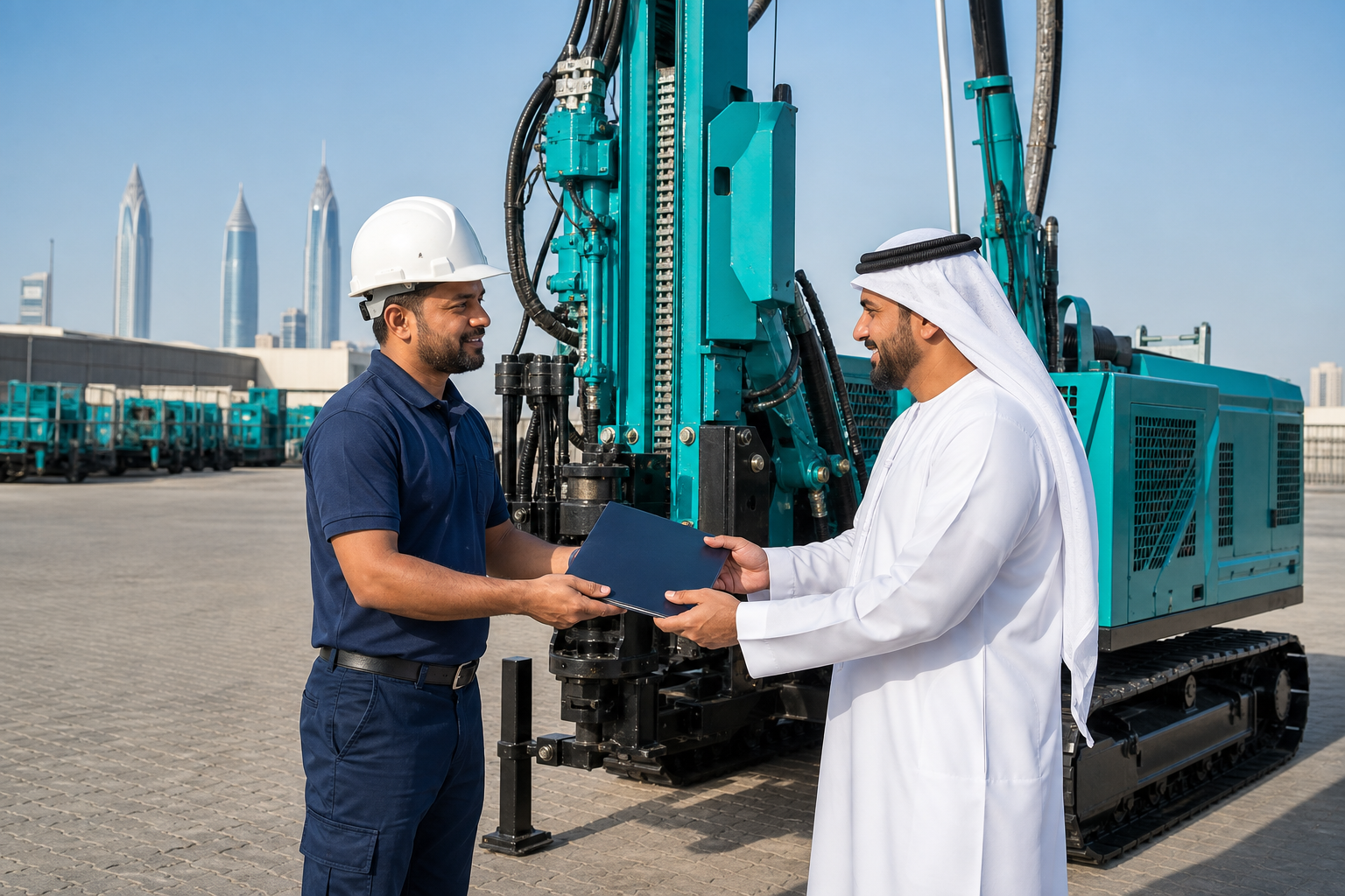 Warranty handover beside a crawler water well drilling rig